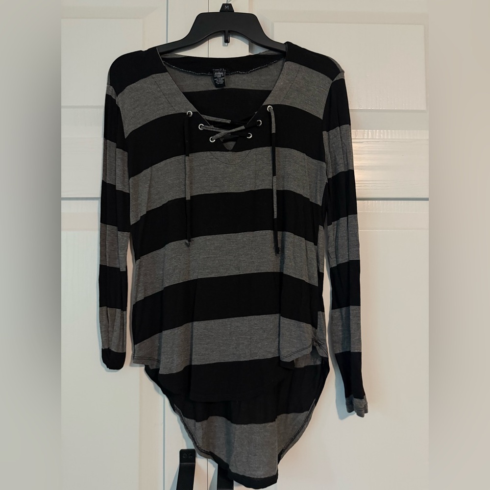 Rue21 Black and Gray Lace-Up Striped Blouse